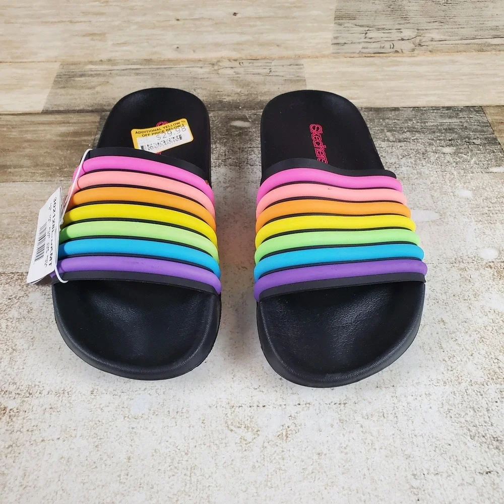 Skechers Girls Rainbow Slides Sandal Sz 5 Black Multi Striped Open Round Toe